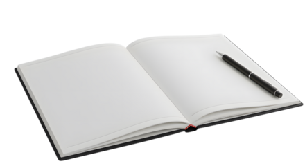 Open notebook with blank pages and a pen resting on the right side of it on transparent background