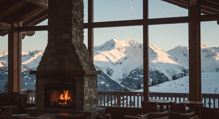 Obraz premium Mountain View From Lodge with Fireplace