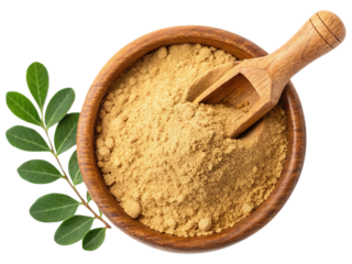 Tribulus powder on wooden bowl isolated on white background. Suitable for marketing or business purposes. PNG file