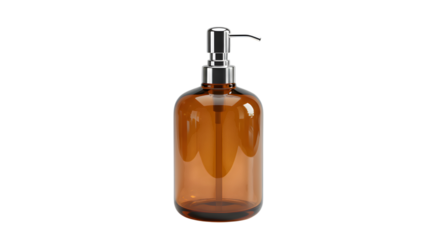 Close up of a transparent amber soap dispenser with a silver pump fixture on transparent background