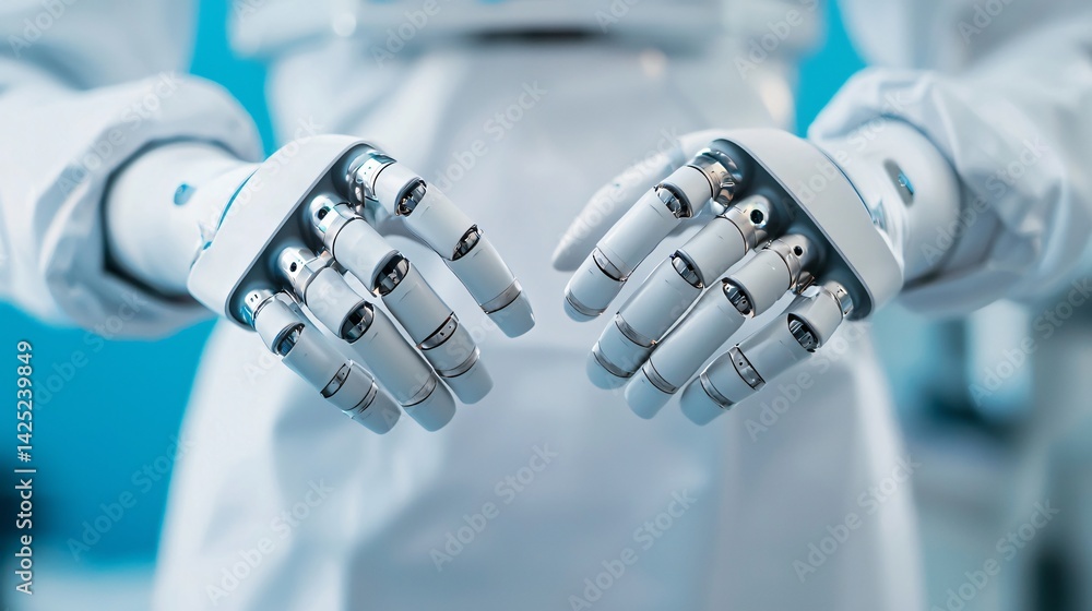 Poster advanced robotic hands close up view of artificial intelligence technology