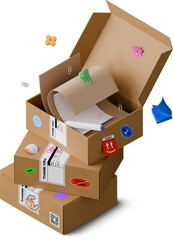 isometric view of stack of boxes and open box with papers