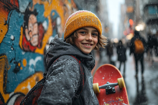 A cheerful teenage boy, bundled in warm winter clothes, poses with his red skateboard next to a colorful graffiti wall in the lively winter urban environment - Powered by Adobe