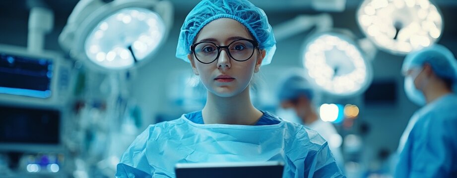 A woman in a blue surgical outfit is holding a tablet
