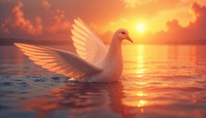 Majestic white dove gliding over tranquil water at sunset with golden reflections
