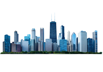 A realistic photograph of the Chicago skyline, with a transparent background