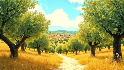 Charming olive orchard path leading to quaint village surrounded by golden fields and blue sky