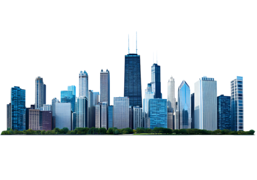 A realistic photograph of the Chicago skyline, with a transparent background