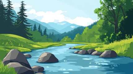 A river with a rocky shoreline and a forest in the background