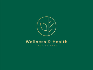 Wellness and Health luxury gold premium with minimalist Leaf plant in circle lines symbol logo vector design concept. Abstract luxury Leaf logotype symbol for wellness business, SPA, healthcare, ui.