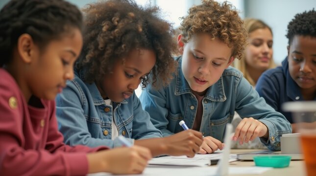   Diverse students collaborating on hands-on STEM project - Powered by Adobe