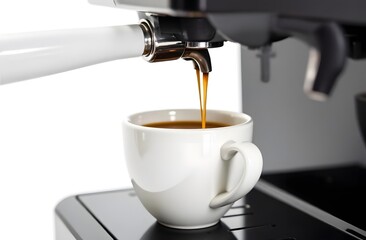 close up coffee machine with coffee cup pouring espresso isolated on white background
