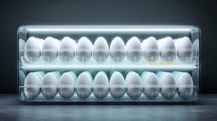 Fresh white eggs neatly arranged in a modern storage container, illuminated with light.