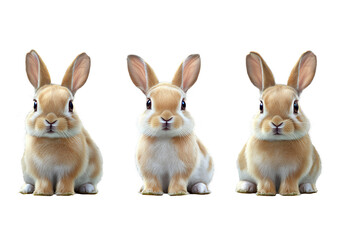 Three realistic rabbits isolated on a transparent background