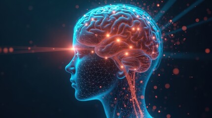 High-tech visualization of a human brain with digital interface, AI elements, and neural network graphics, symbolizing brain health advancements.

