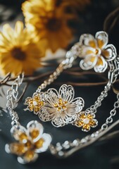 Obraz premium Silver floral jewelry, dark background, yellow flowers, handcrafted, Asian design