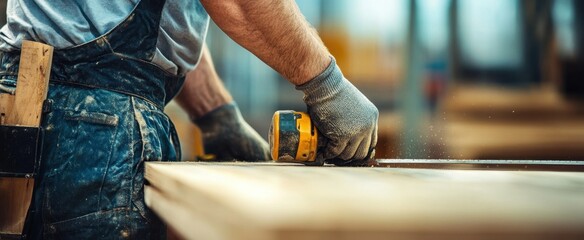 A skilled worker utilizes a power tool while crafting wood in a workshop. This image highlights the dedication and precision involved in woodworking projects.