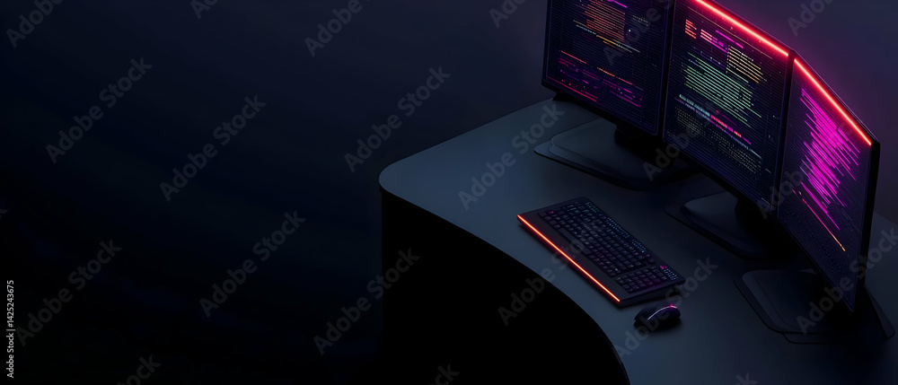 Poster nighttime computer setup with glowing monitors