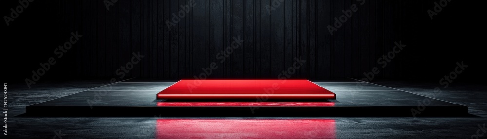 Poster A minimalistic stage featuring a red platform illuminated against a dark backdrop, creating a dramatic and striking visual impact.
