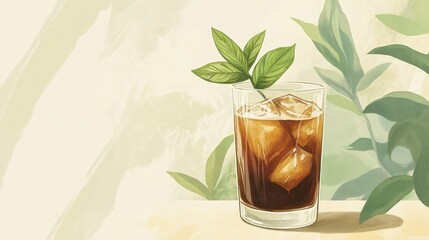 A glass of a drink with a leaf in it