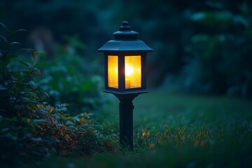 A small lantern is lit in a grassy field at night