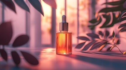 Amber Glass Dropper Bottle of Essential Oil at Sunset with Plant Shadows