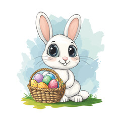 Cute Easter Bunny with Basket of Colorful Eggs