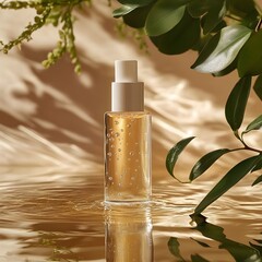 Luxurious Golden Serum Bottle in Water with Green Leaves Natural Skincare Product Mockup