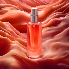 Elegant Coral Perfume Bottle on Soft Fabric Waves Luxury Fragrance Product
