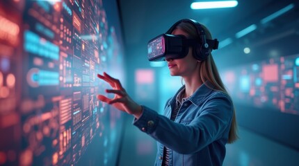 Person wearing a VR headset, reaching out to interact with floating 3D objects in a vibrant, fully immersive digital world, glowing interface elements visible.

