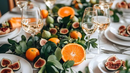 Elegant Table Setting with White Wine Glasses Fresh Figs and Oranges Festive Autumnal Decor for a Dinner Party