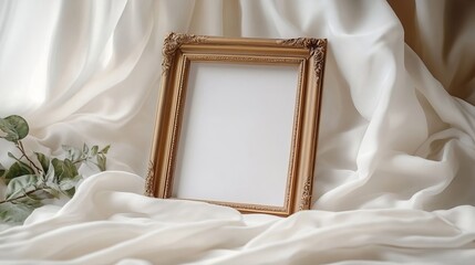 Elegant Gold Frame Mockup on White Silk Fabric with Greenery Perfect for Wedding Invitations or Art Display