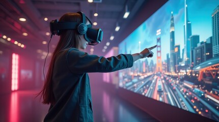 Fototapeta premium Person wearing a VR headset, reaching out to interact with floating 3D objects in a vibrant, fully immersive digital world, glowing interface elements visible.