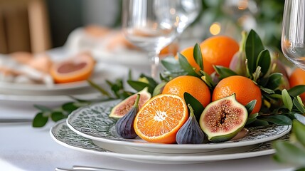 Fresh Oranges and Figs Centerpiece on Elegant Table Setting A Delightful Autumnal or Winter Table Decor