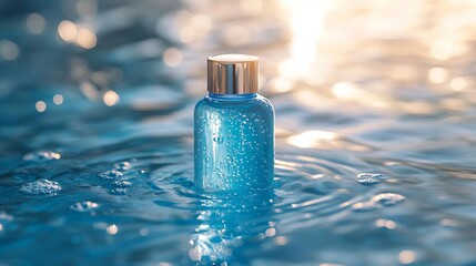 Refreshing Blue Gel Bottle Floating on Water Surface at Sunset Skincare Product in a Serene Aquatic Scene