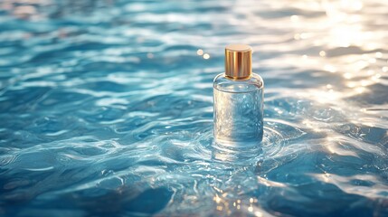 Serene Perfume Bottle Floating on Tranquil Blue Water Luxury Fragrance and Summer Relaxation