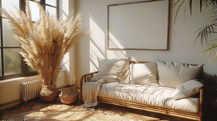 Sunlit Living Room with Bamboo Sofa Pampas Grass and Blank Canvas A Relaxing Bohemian Interior Design Scene