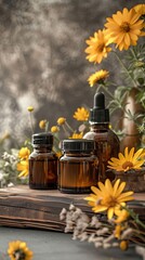Amber Glass Bottles with Essential Oils and Yellow Flowers on Rustic Wood