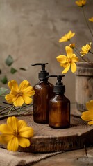 Amber glass bottles with pump dispensers surrounded by yellow flowers on rustic wooden surface