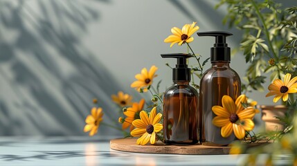 Amber Glass Bottles with Pump Dispensers and Yellow Flowers in Sunlight
