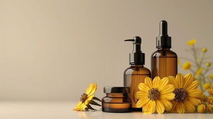 Amber Glass Bottles with Pump Dispenser and Dropper Yellow Flowers Skincare Product Mockup
