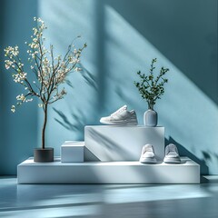 Stylish White Sneakers Displayed on Modern Minimalist Pedestal with Blooming Branches