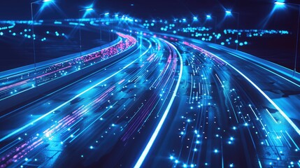 Fototapeta premium A vibrant highway scene featuring dynamic light patterns and a blue background, capturing the essence of modern transportation and technology at night.