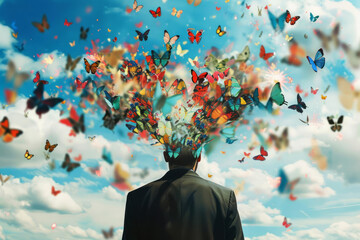 Man with butterflies emerging from head, symbolizing creativity and freedom