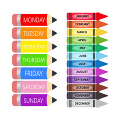 Colorful school supplies with days and months name label