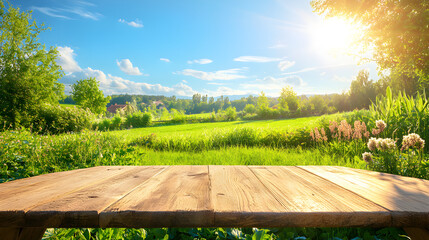 A natural spring garden background of fresh green grass with a bright blue sunny sky with a wooden table to place cut out products on