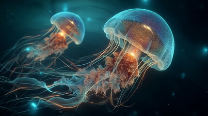 Magical Glowing Jellyfish Drifting Through Tranquil Deep Waters - made with Generative AI