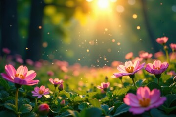 Obraz premium Sun-drenched clearing, luminous fireflies amidst a profusion of blooming flowers , glowing, yellow, leaves