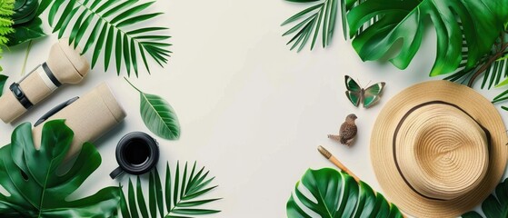 Flat lay composition of outdoor birdwatching equipment on colorful surface with a robin and greenery. Nature and adventure concept. Top down aerial view of binoculars and green tropical leaves. AIG55.