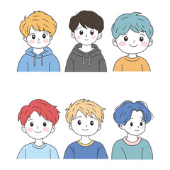 Set of Cute Boy Cartoon Character Wearing Casual Clothes with Happy Face Expression